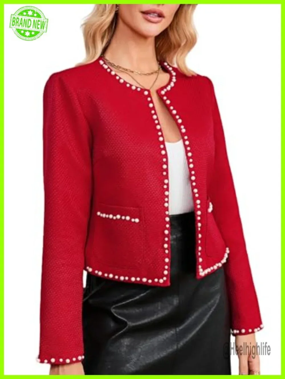 Cropped Tweed Blazer with Pearl Trim, Open Front, Pockets, Long Sleeve